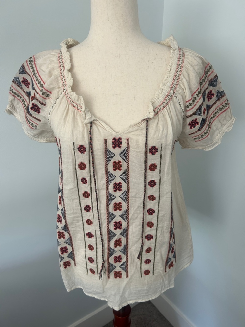 Lucky Brand Cream Peasant Blouse with Red & Blue Embroidery